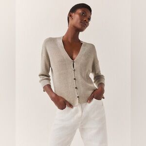 THE WHITE COMPANY LINEN RICH SPARKLE RIBBED CARDIGAN SWEATER TAUPE M